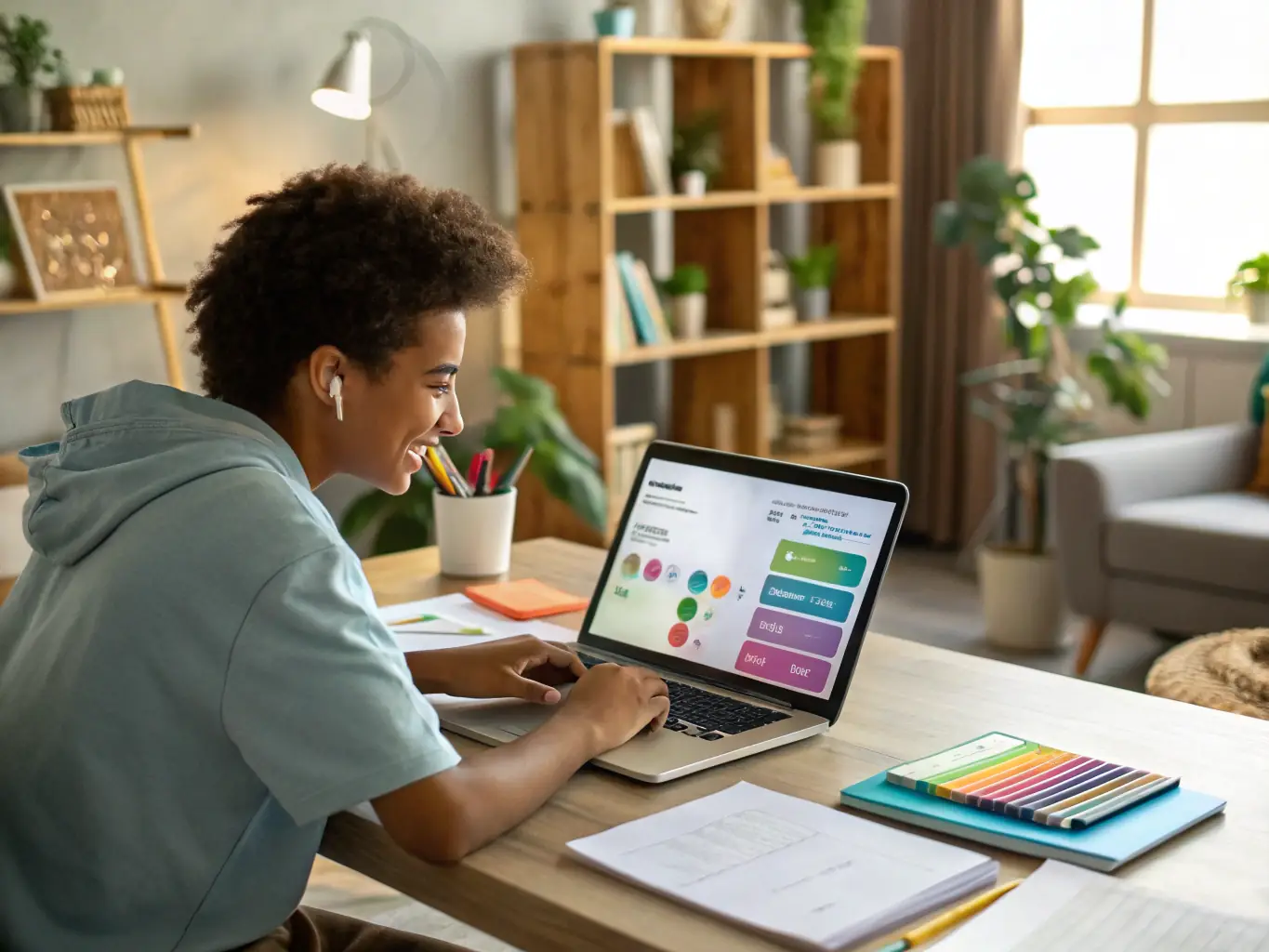 A student is enthusiastically coding on a laptop, surrounded by financial charts and graphs, symbolizing the integration of programming and finance.